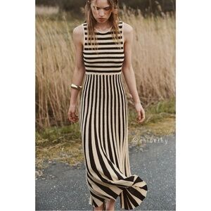 Zara Black and Cream Striped Midi Dress